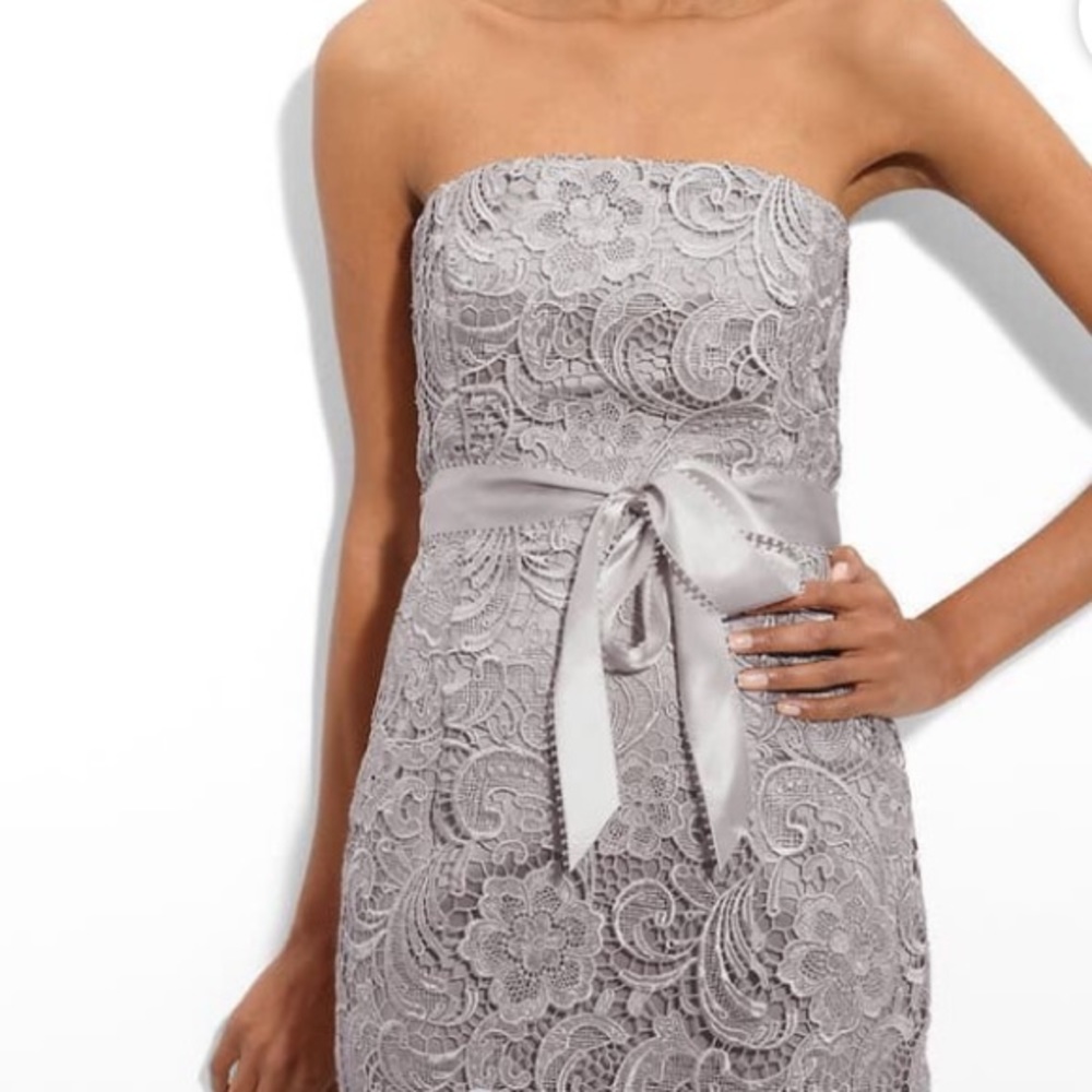 Silver lace cocktail mini dress with ribbon belt